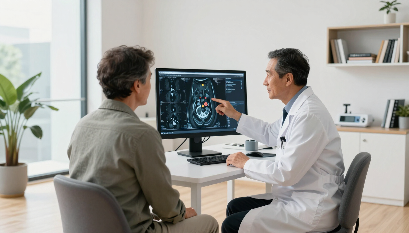 A patient discussing MRI results with a specialist