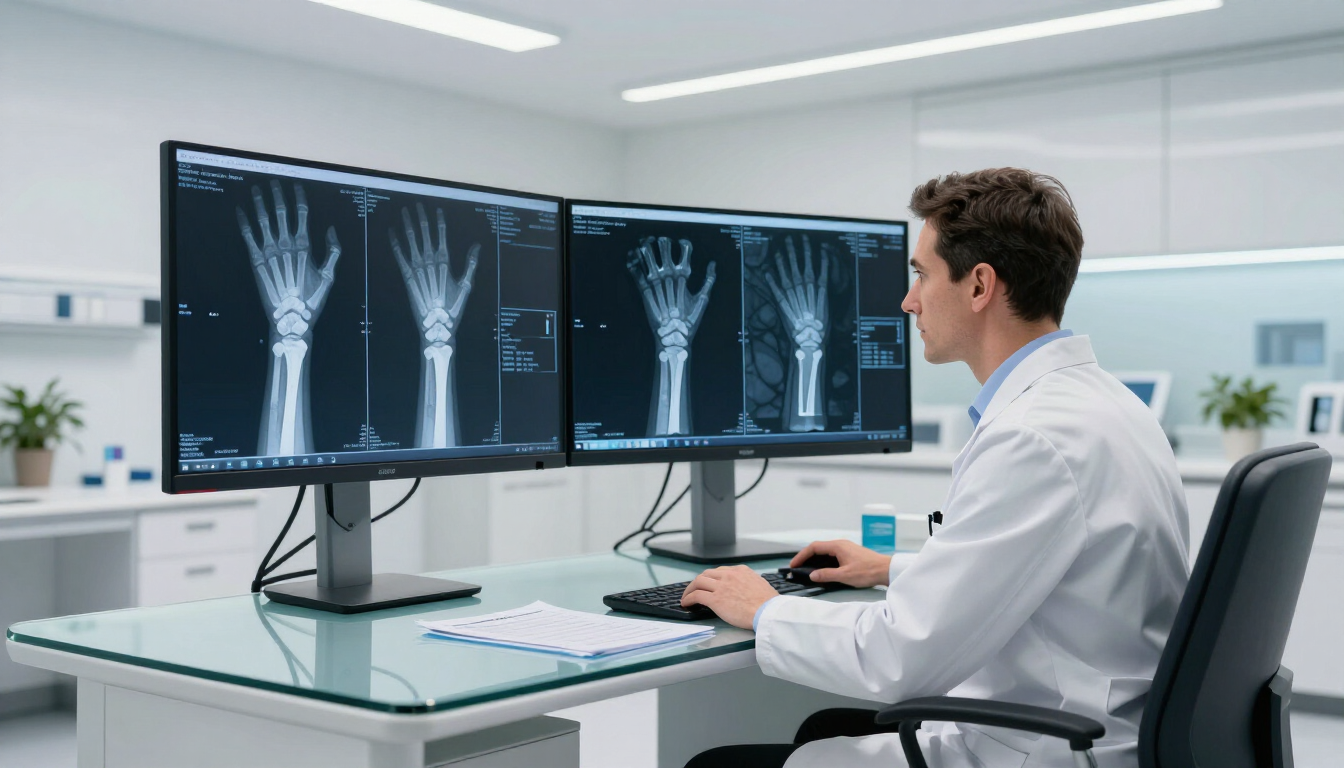 Photorealistic radiologist reviewing wrist MRI images on monitors in a UK diagnostic centre