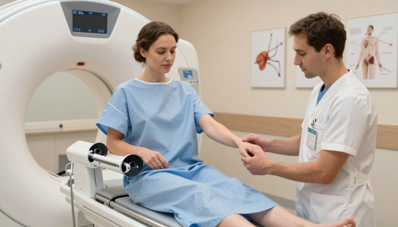 Photorealistic wrist MRI scan preparation in a private diagnostic clinic