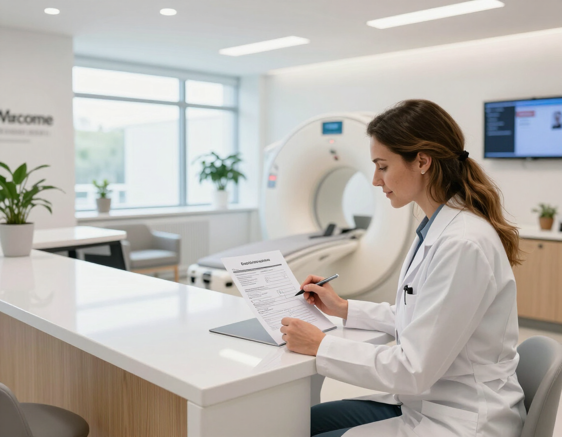 Preparing for a private cervical spine MRI appointment with a patient completing a safety checklist