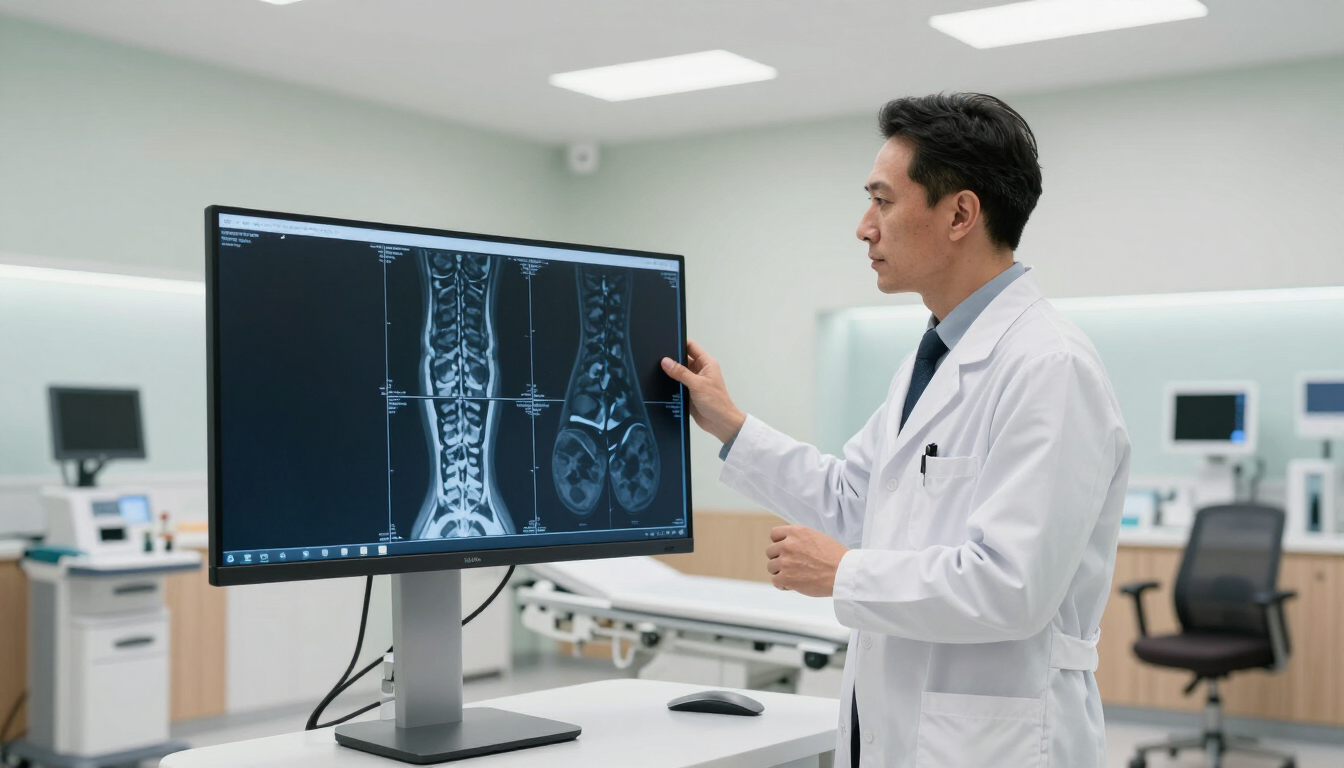 Radiologist reviewing cervical spine MRI images on a monitor in a modern UK imaging centre