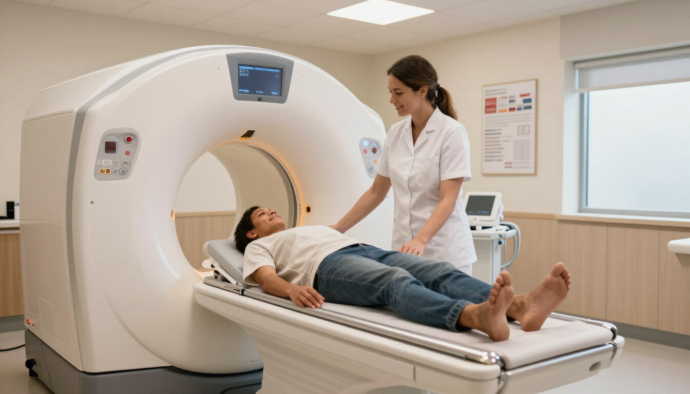 Radiographer supporting a patient during an MRI examination