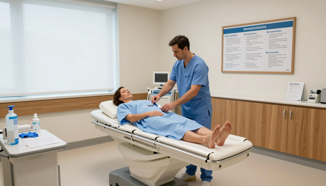 Photorealistic private MRI consultation room with patient receiving small bowel scan preparation, clean UK healthcare setting