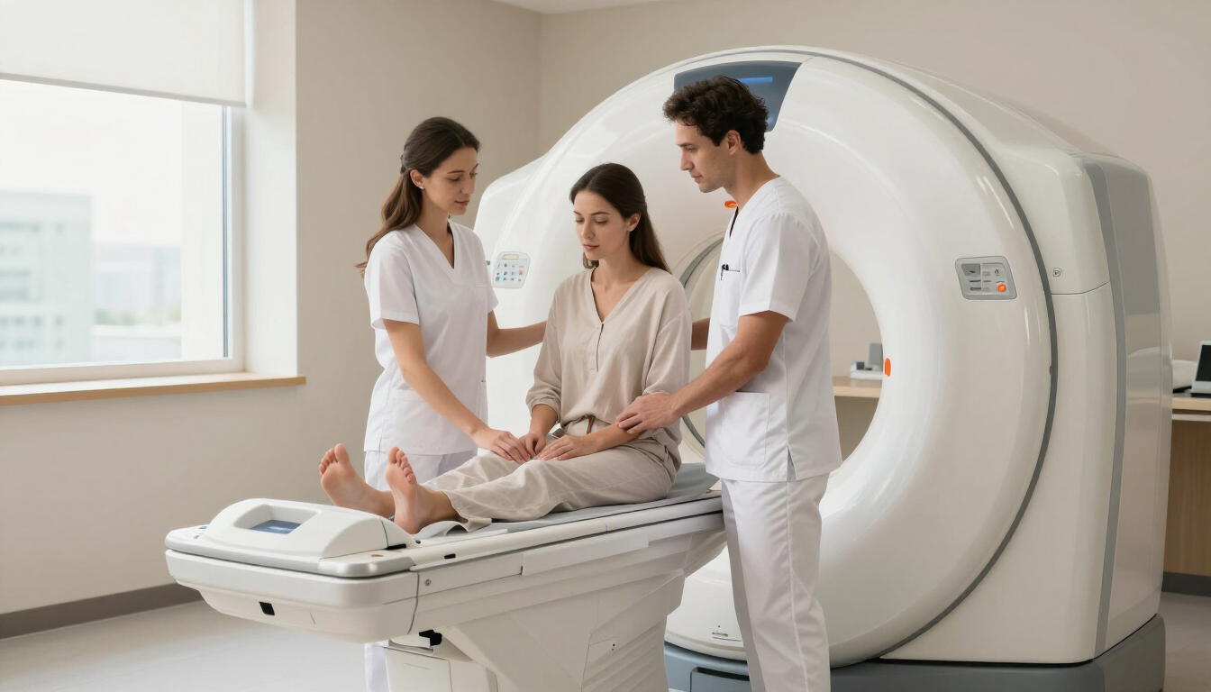 Photorealistic radiographer guiding a patient beside a modern MRI scanner, reassuring private diagnostic clinic, soft natural lighting