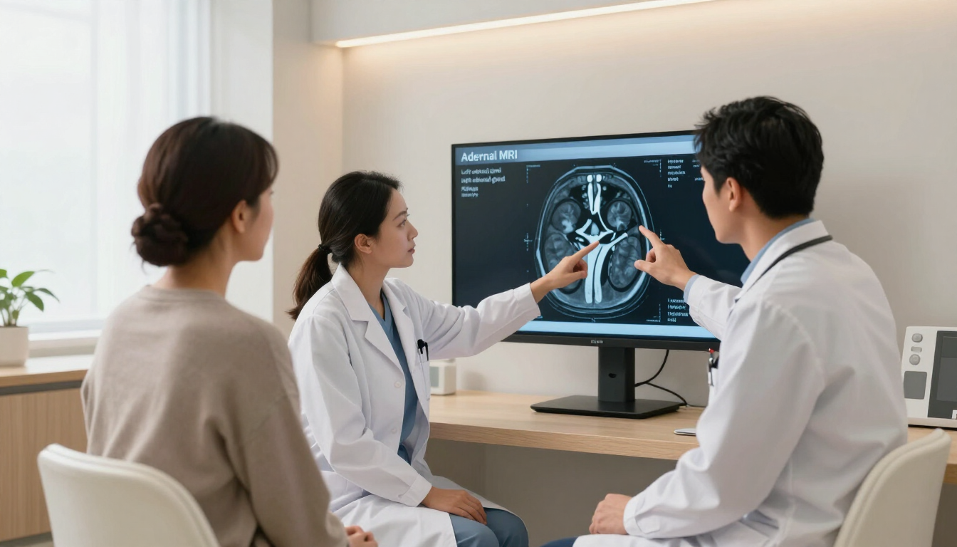 Medical specialist discussing adrenal MRI findings with a patient