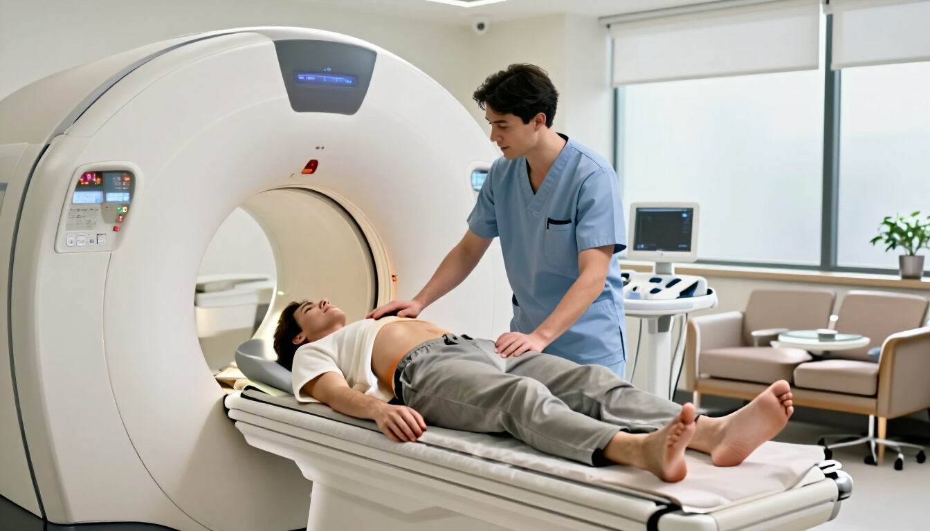 Radiographer supporting a patient during a calm abdominal MRI examination