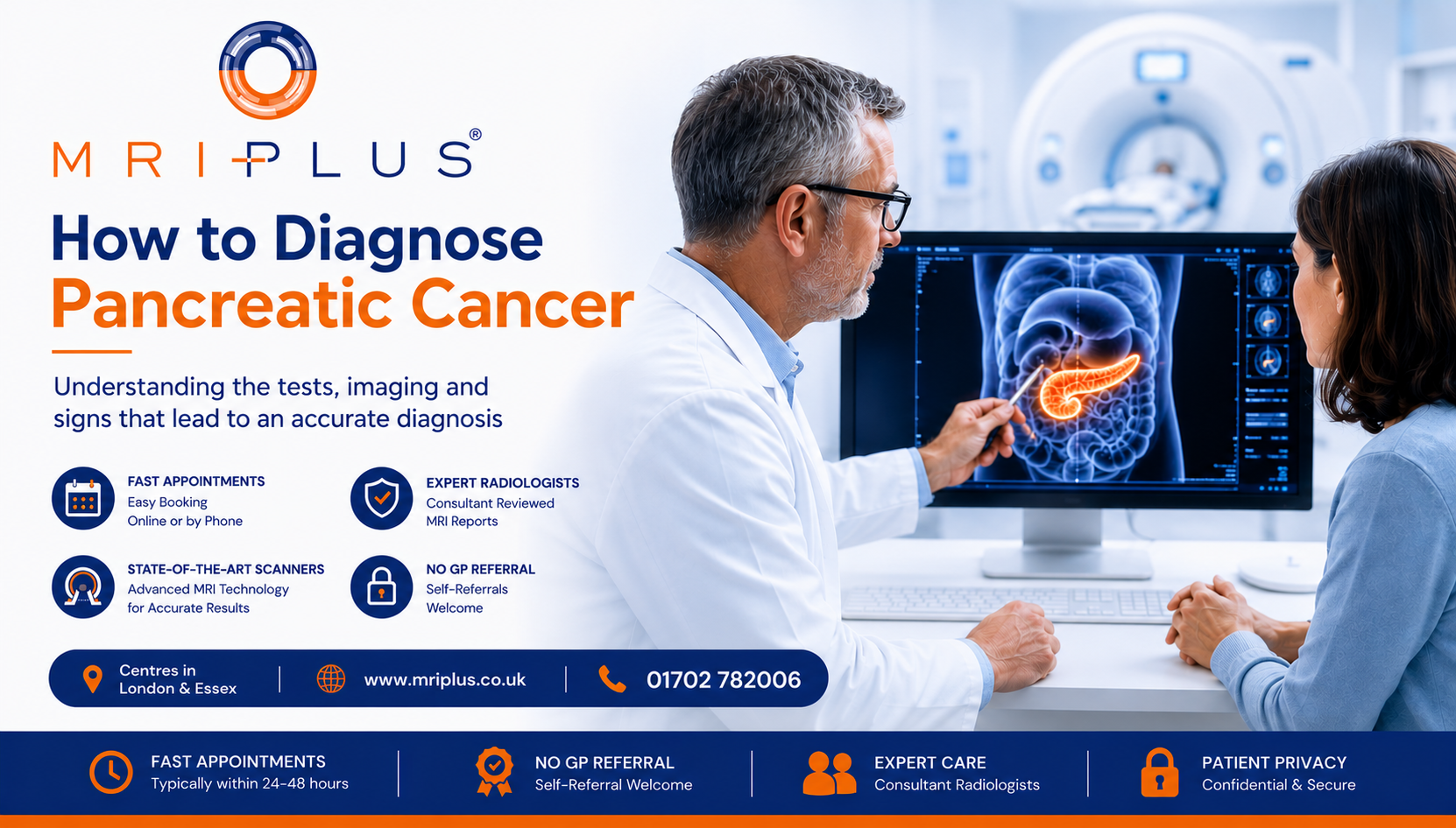 A modern MRI machine in a clean, professional clinical setting at MRI Plus.