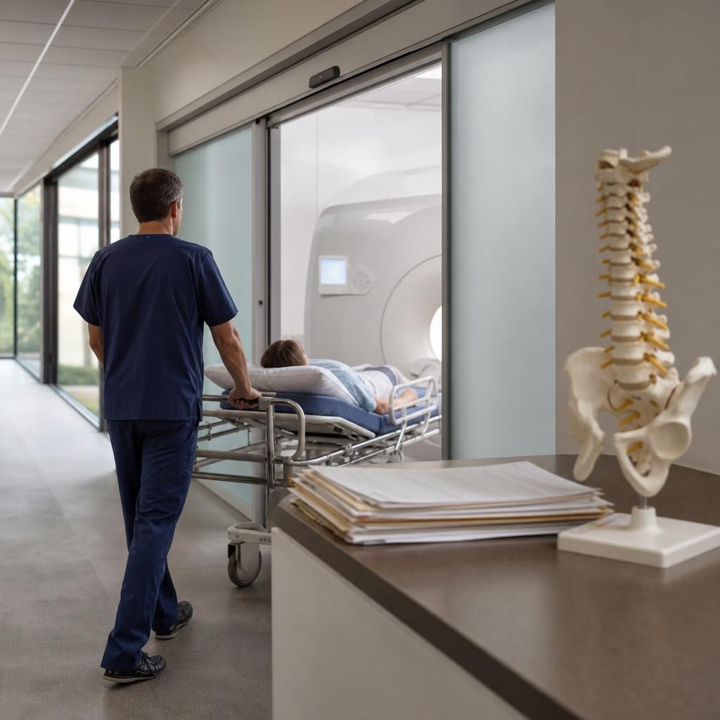 Technician bringing patient to MRI suite corridor