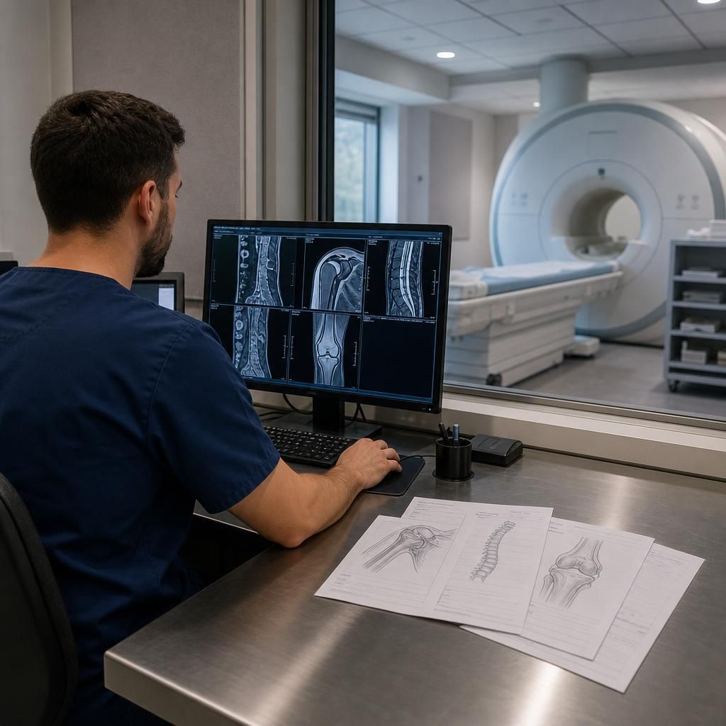 MRI scan room with referral forms and image workstation