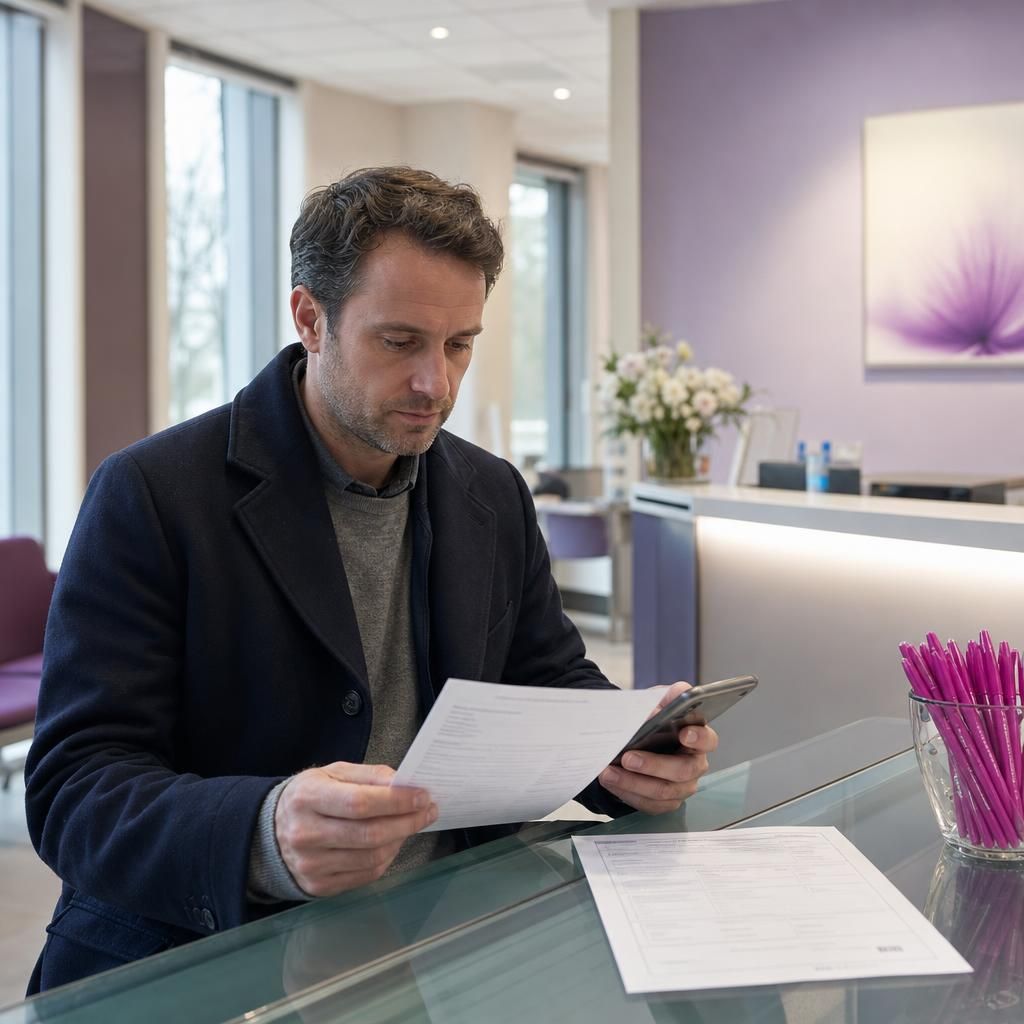Patient booking a private MRI scan at clinic reception.