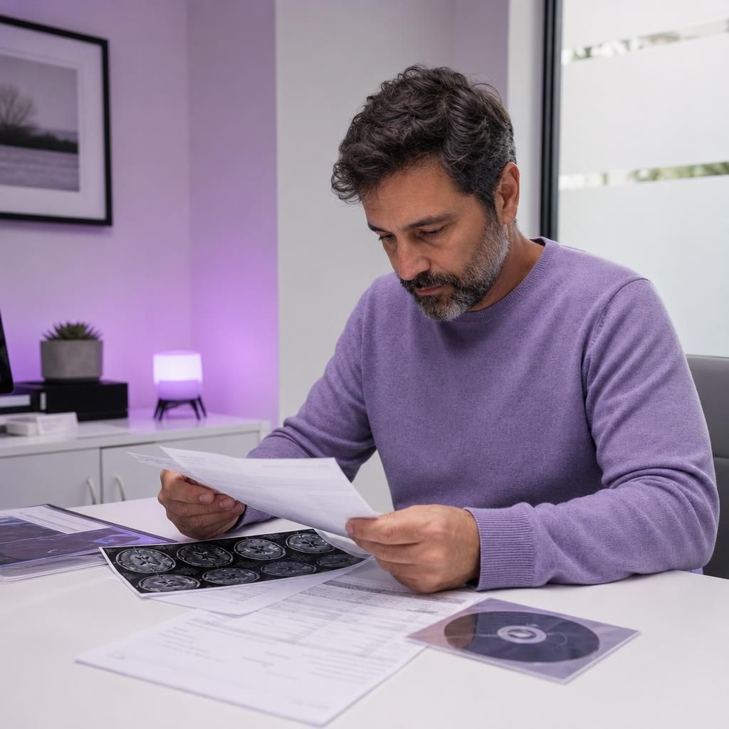 Patient reviewing MRI report, images, and invoice