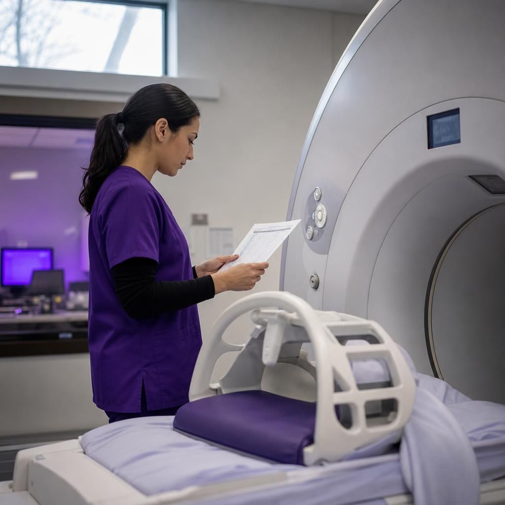 Radiology technologist reviewing MRI protocol in scan room