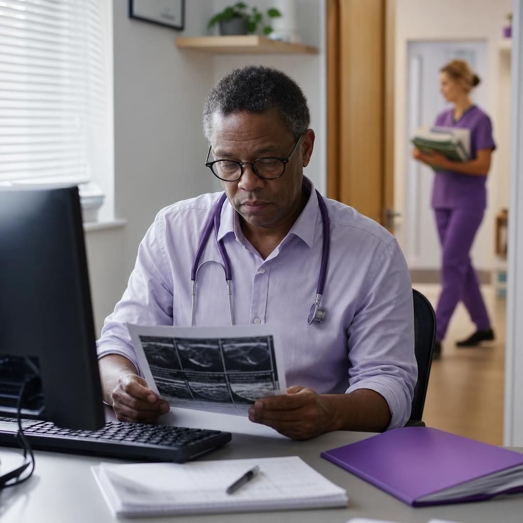 GP reviewing a private imaging report in clinic