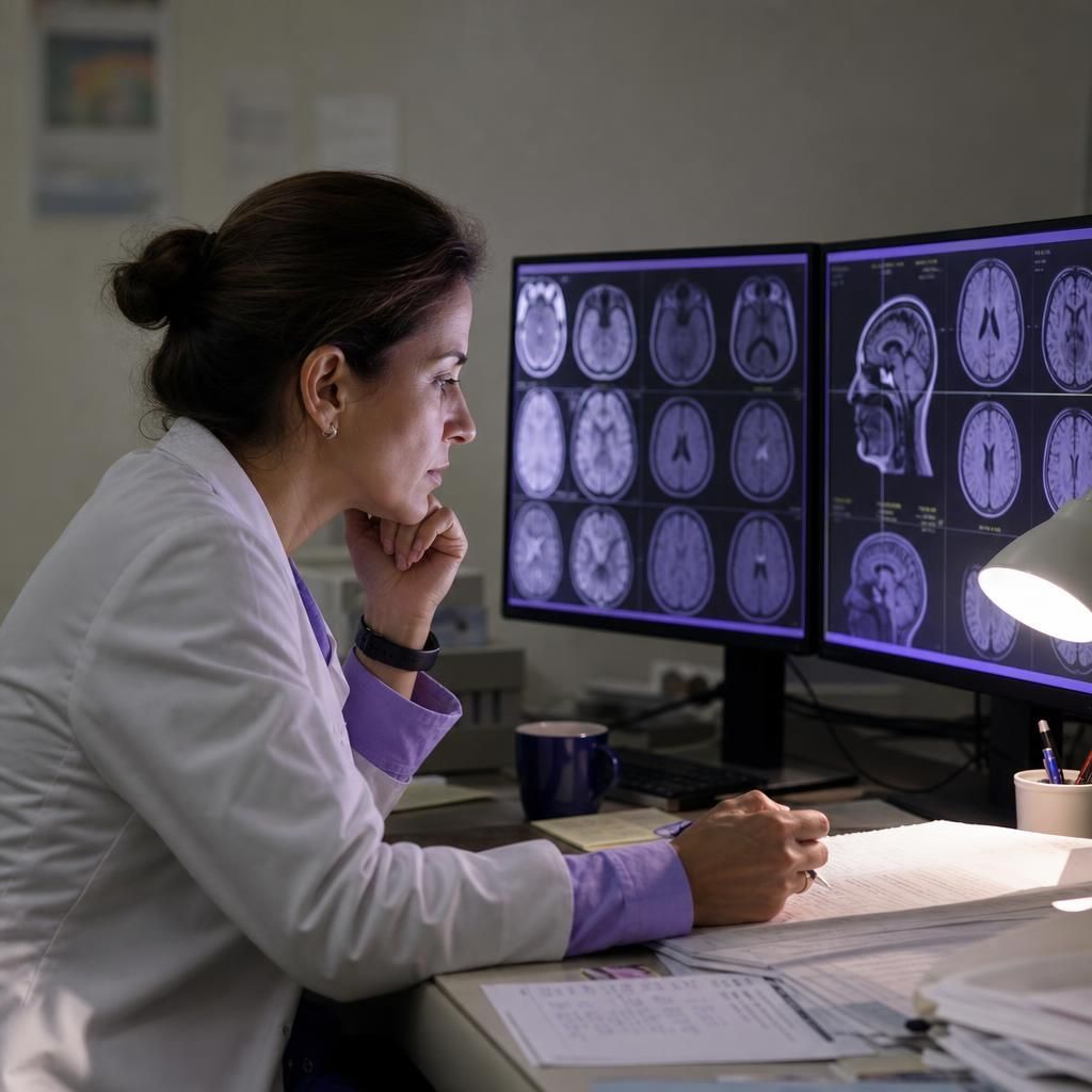 Radiologist reviewing MRI images at workstation