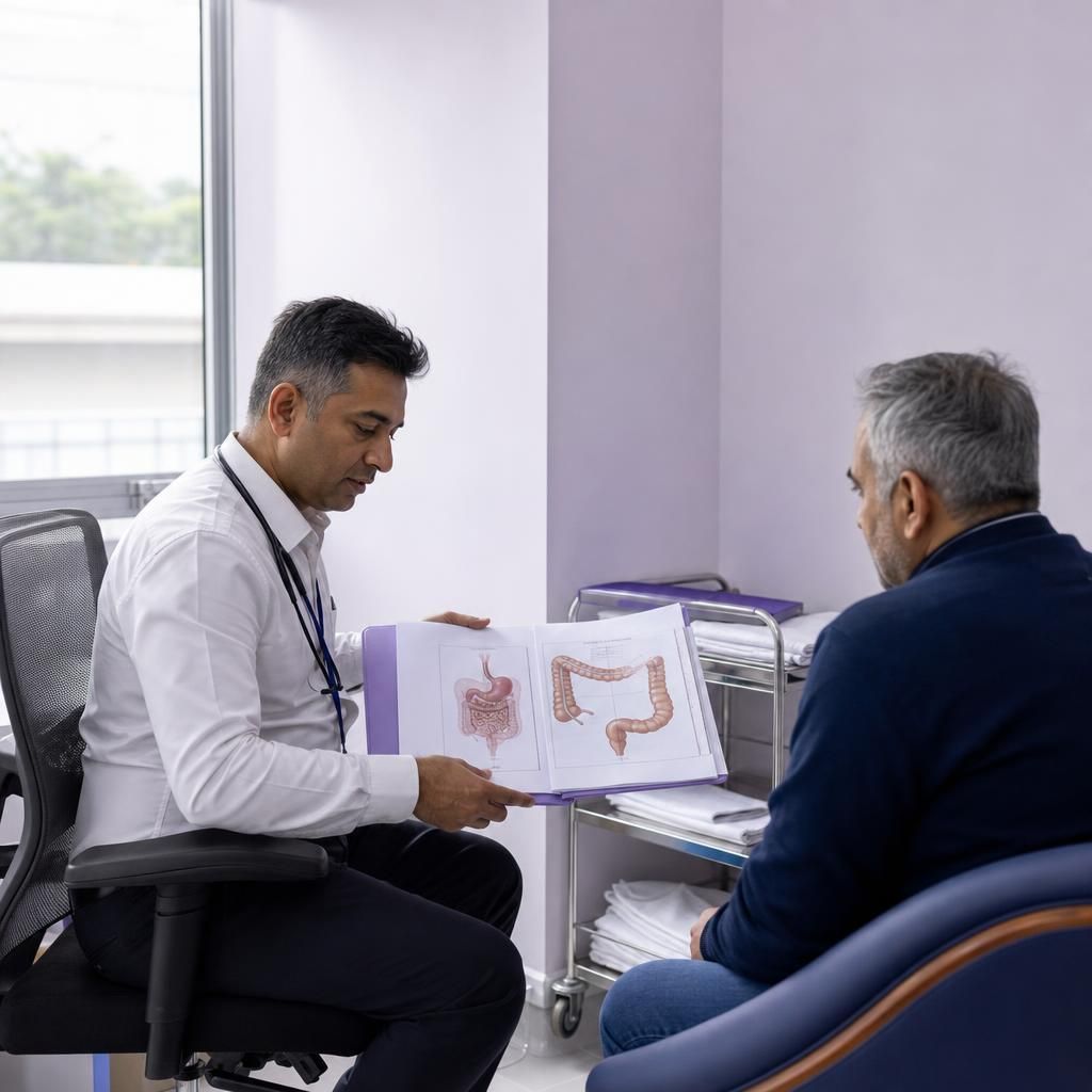 Doctor reviewing gastroscopy and colonoscopy diagrams with patient