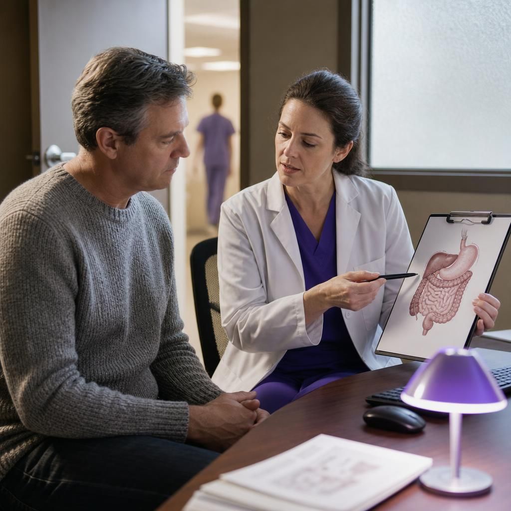 Doctor and patient reviewing bowel symptom chart in clinic room.