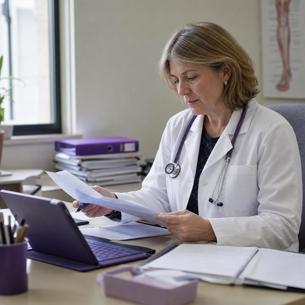 Consultant reviewing referral notes in an outpatient office