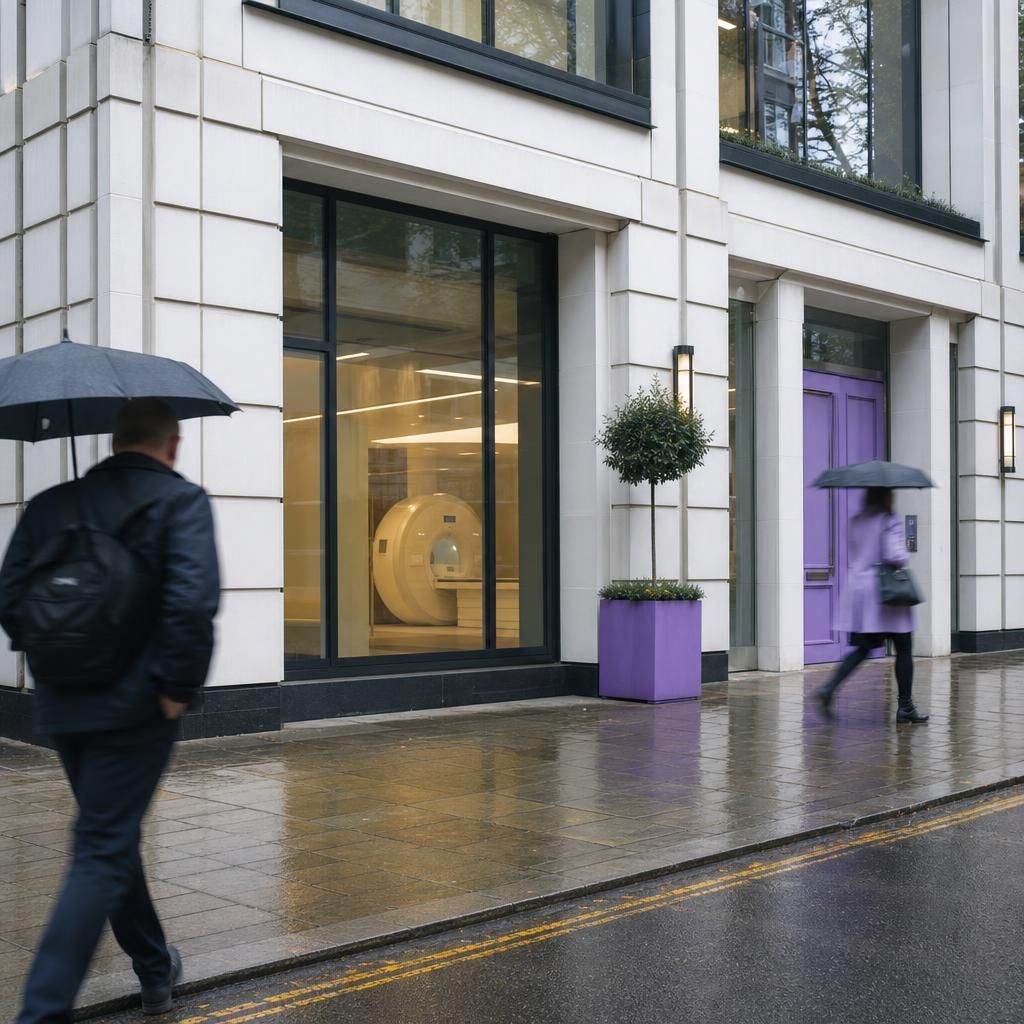 London MRI clinic exterior on a rainy street