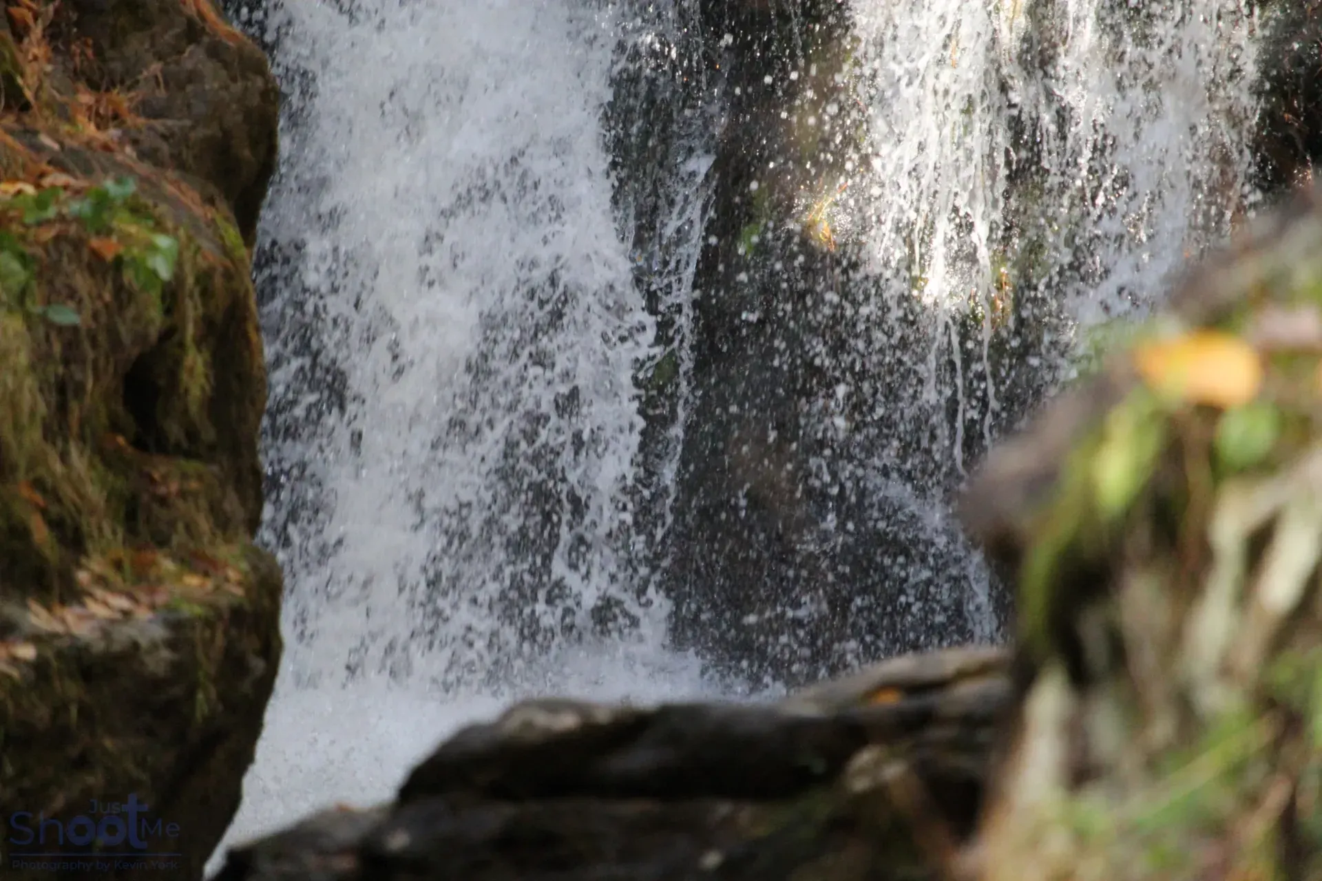 A close-up view of water cascading down a dark, mossy rock face.