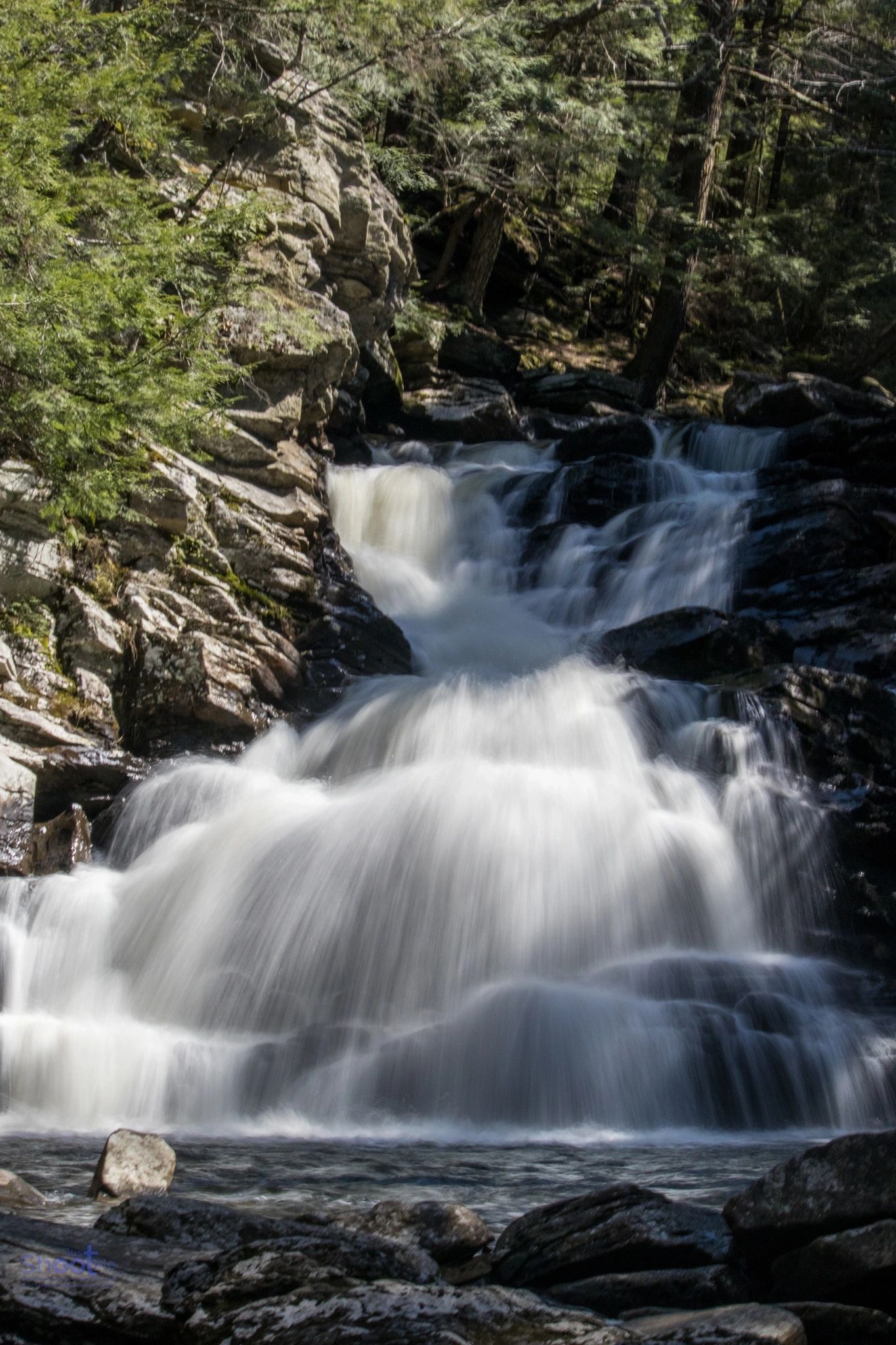A multi-tiered waterfall cascades over dark, wet rocks surrounded by lush green forest foliage.