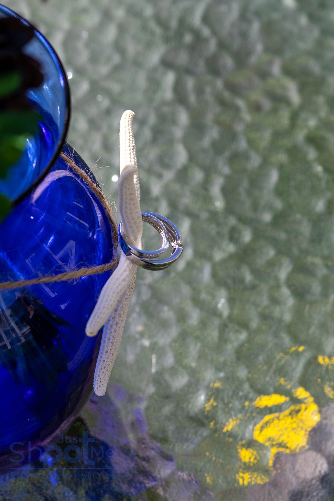 A silver ring rests on a white starfish tied to a cobalt blue glass vase, set against a textured, light-colored surface.
