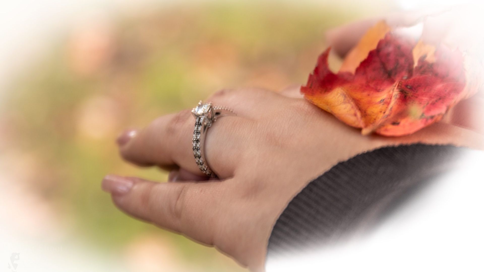 A close-up of a hand wearing a diamond engagement ring, holding a colorful autumn leaf against a blurred background.