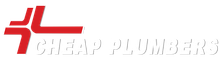 Plumbers Cheap a logo for cheap plumbers with a red cross on a white background