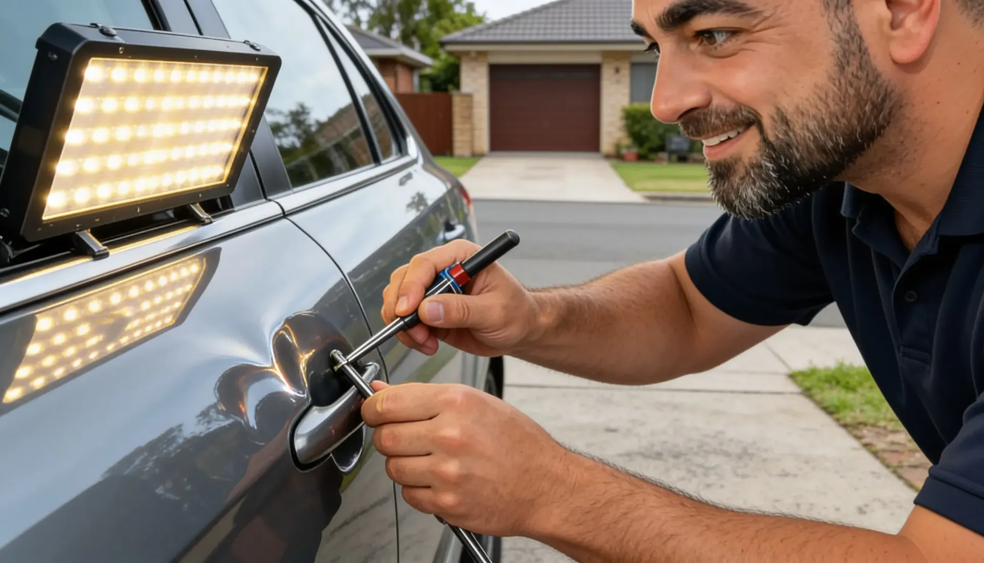 PDR technician using specialist metal rods and an LED light board to remove a car door dent