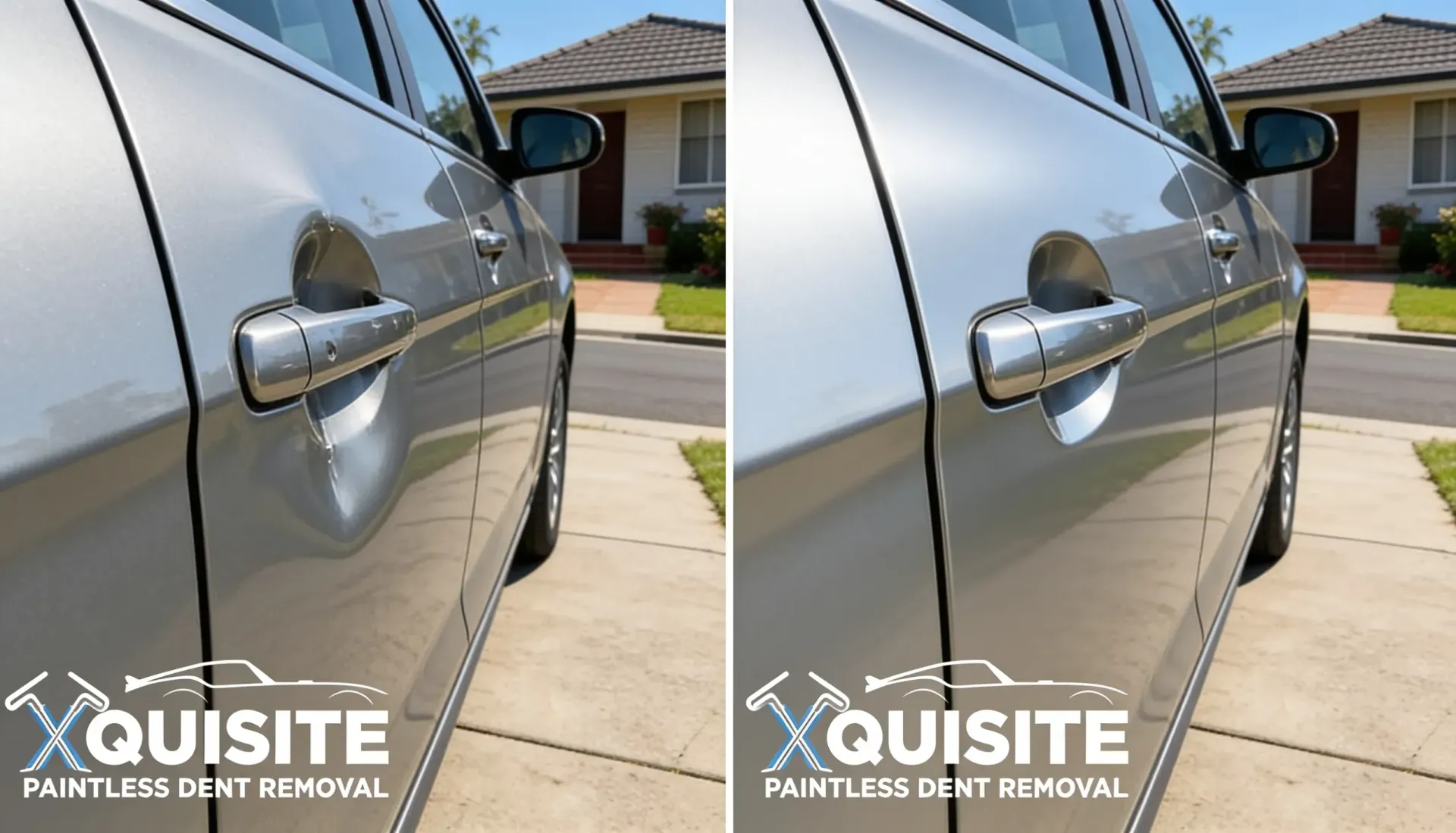 Before and after of a car door dent removed with paintless dent removal, factory paint intact