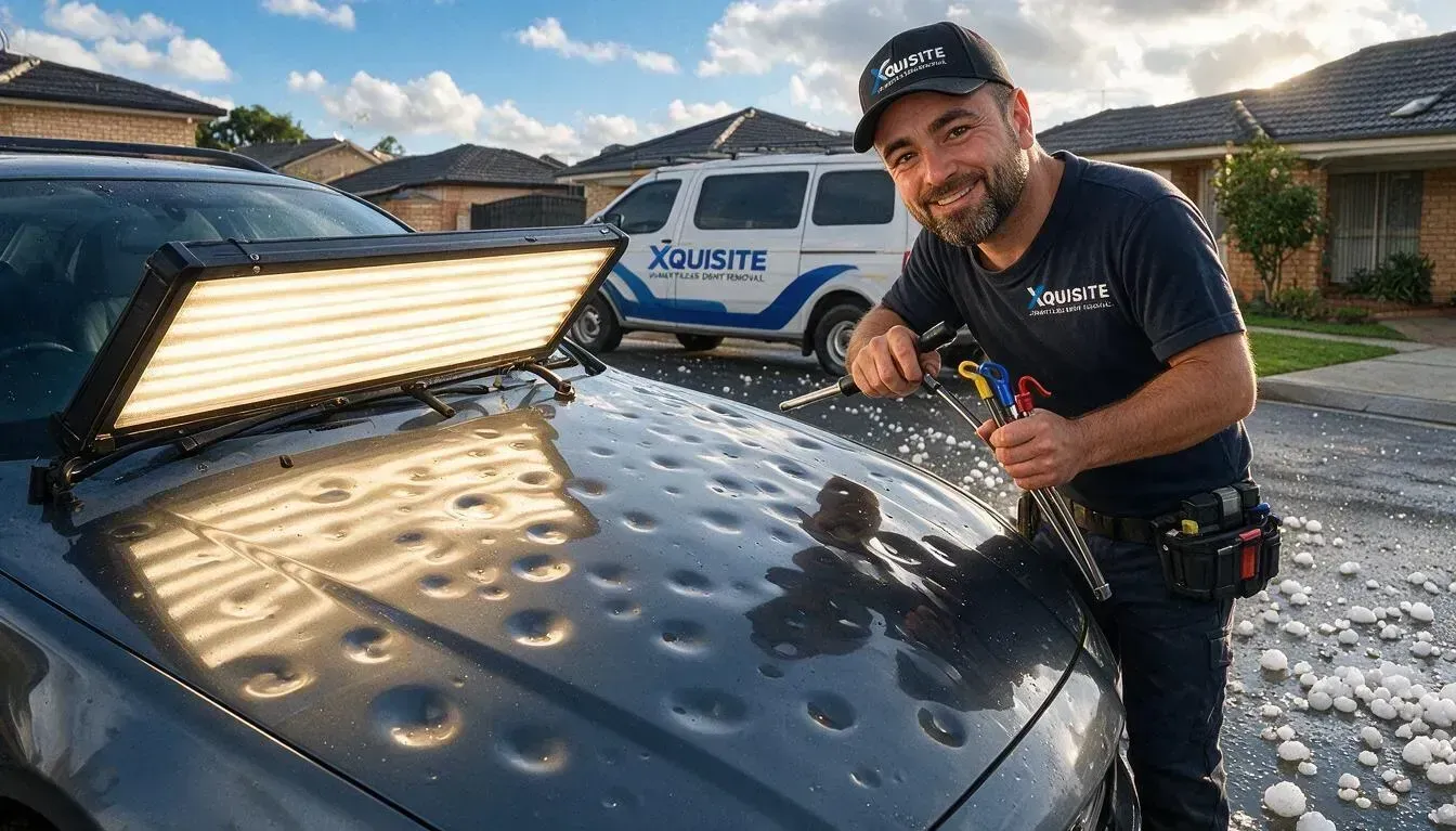 Hail-dented car bonnet under professional PDR light boards revealing the full extent of hail damage