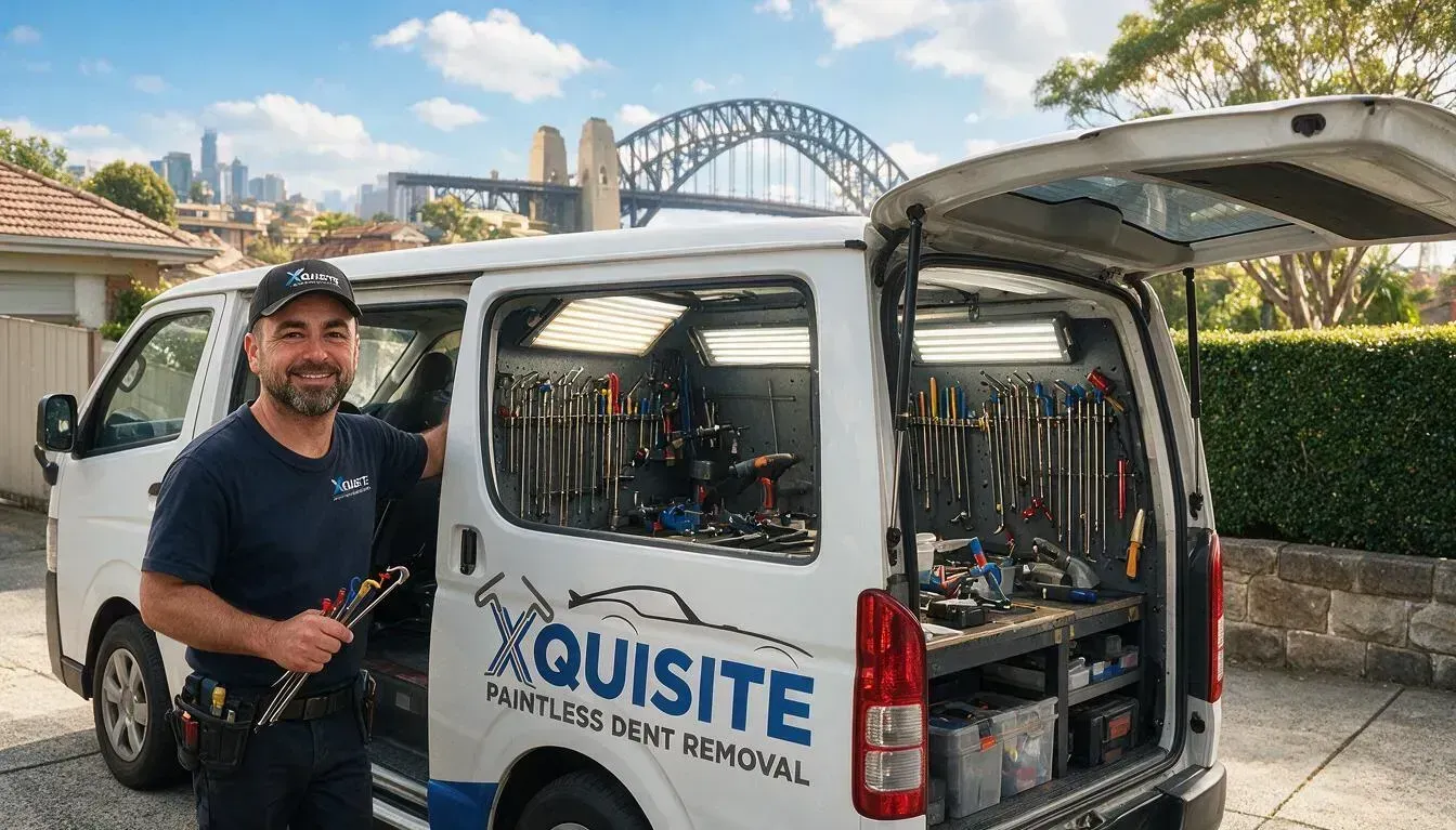 Mobile paintless dent removal van with LED light boards and PDR tools in a Sydney driveway