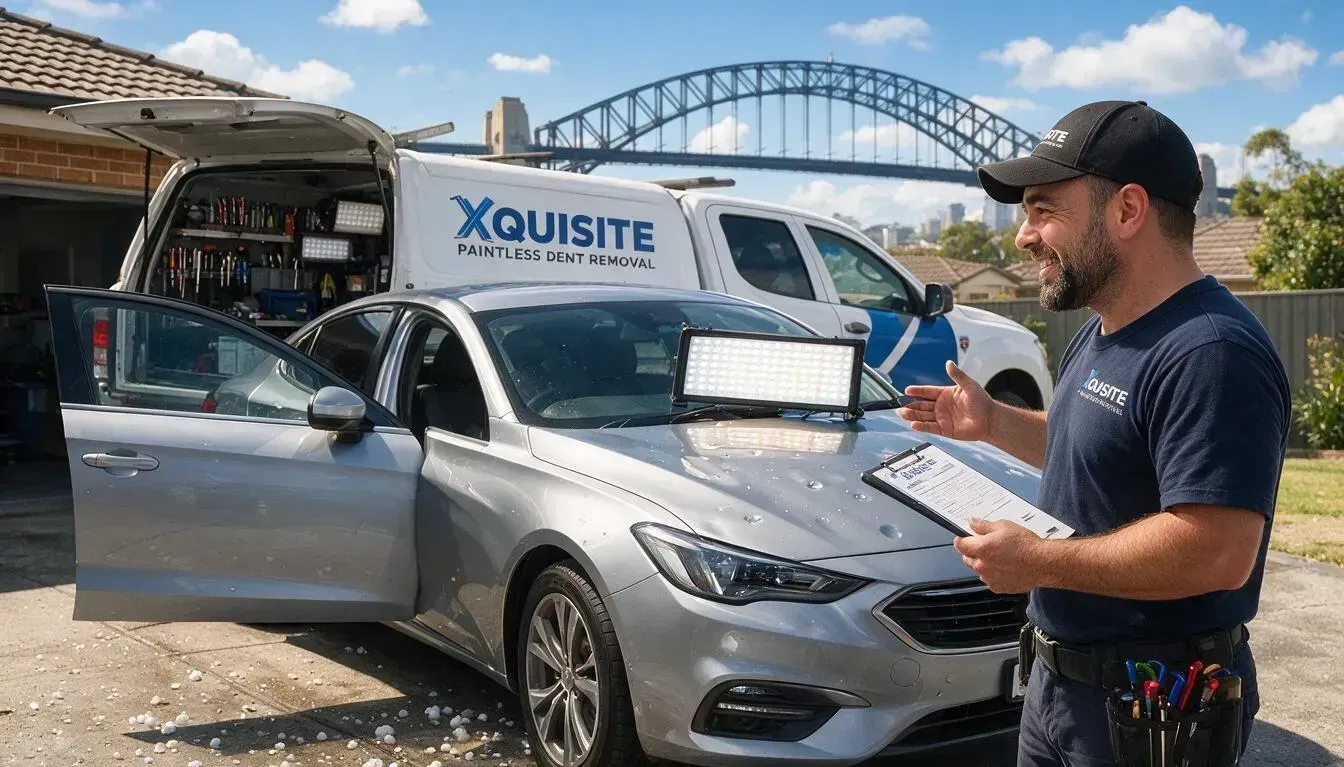 PDR technician giving a car owner a written dent repair quote beside a sedan in a Sydney driveway