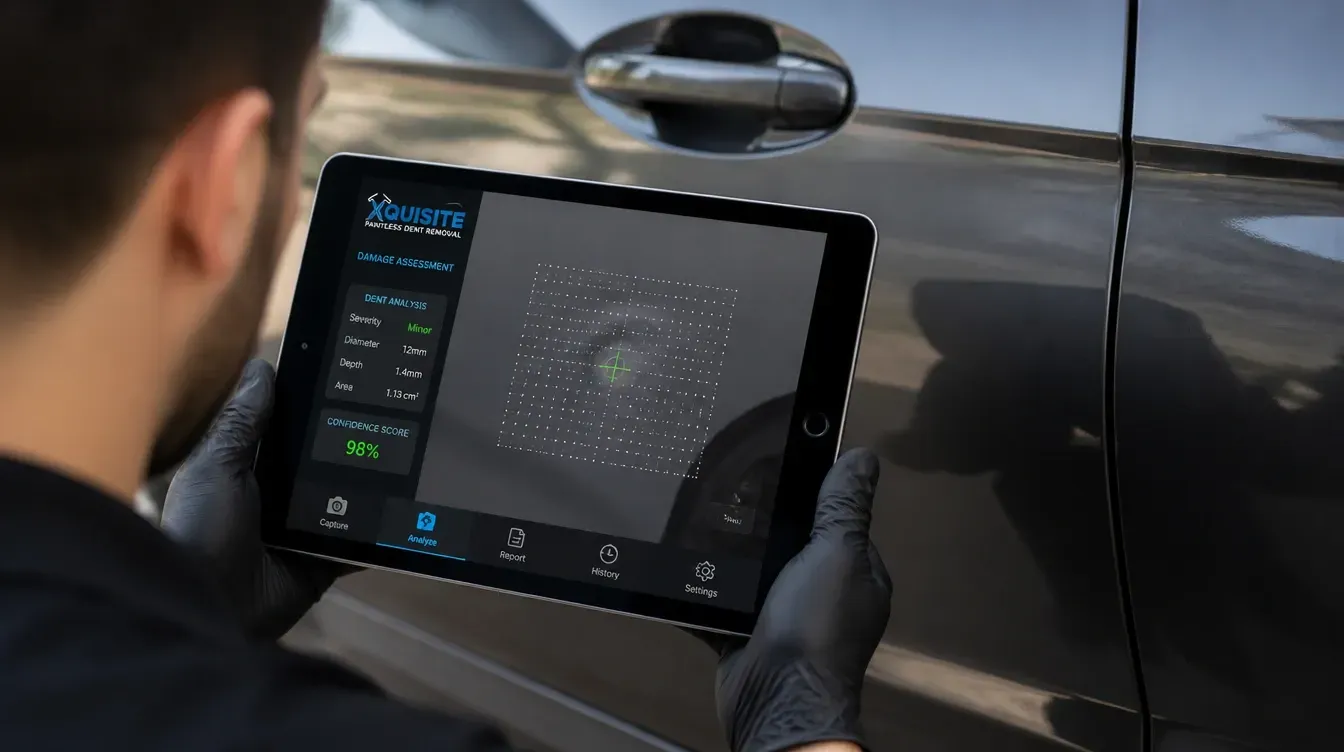 PDR technician using a tablet with AI-powered damage assessment software on a dented car panel.
