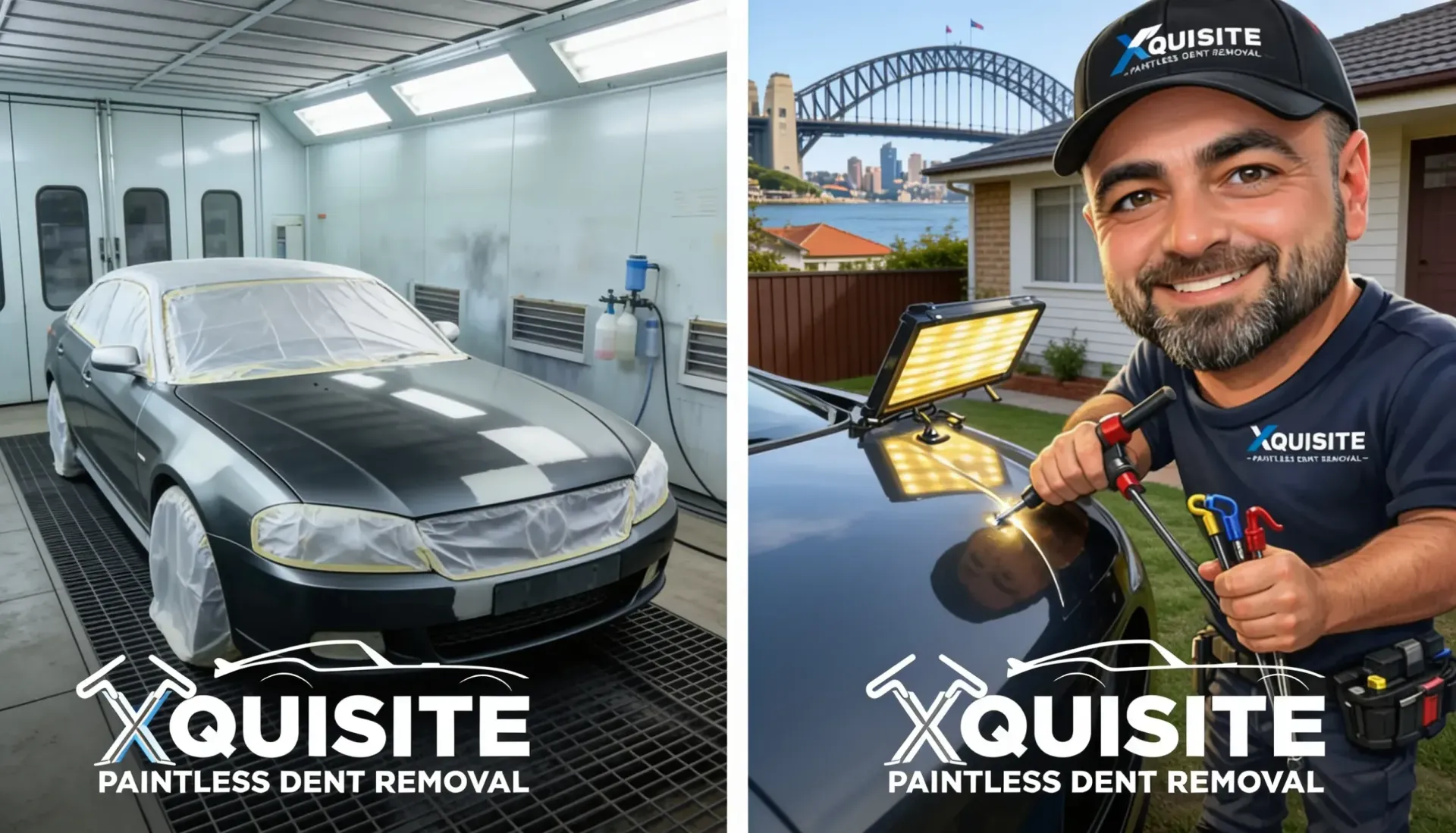 Panel shop spray booth compared with a mobile PDR technician repairing a dent in a Sydney driveway
