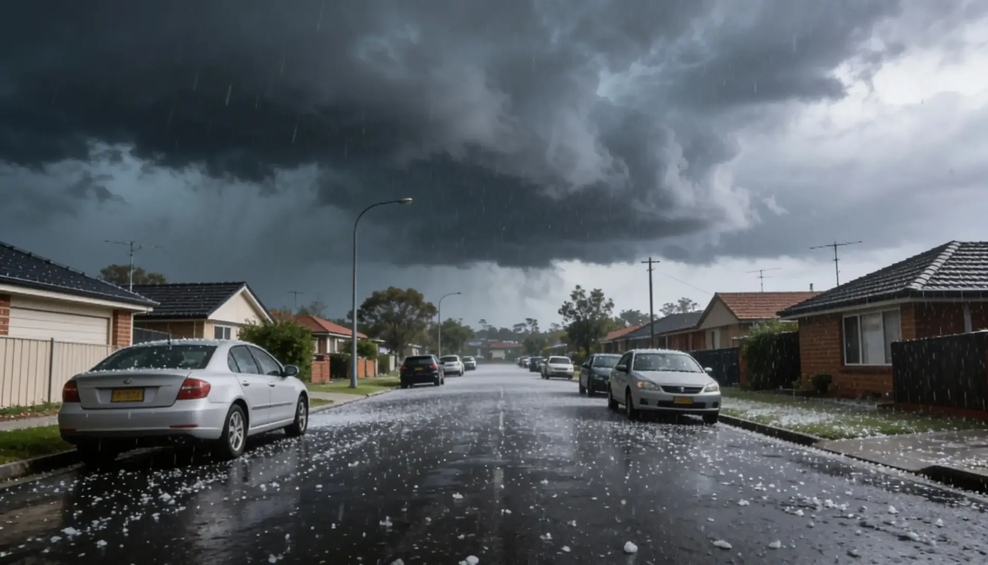 Storm clouds gathering over a Western Sydney street before a hailstorm, with parked cars visible.