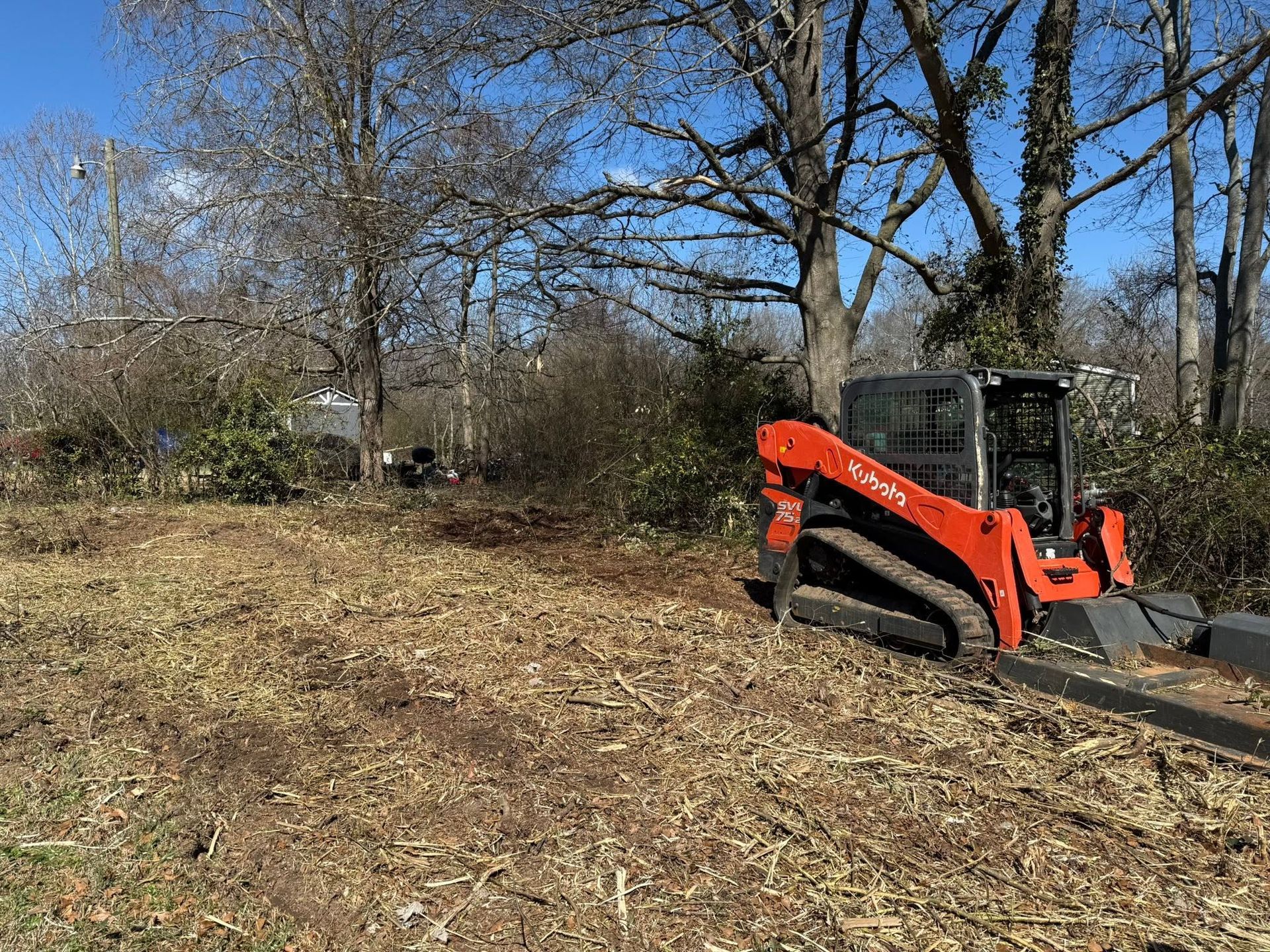 Orange excavator on a dirt slope beside leafless trees under a clear blue sky.