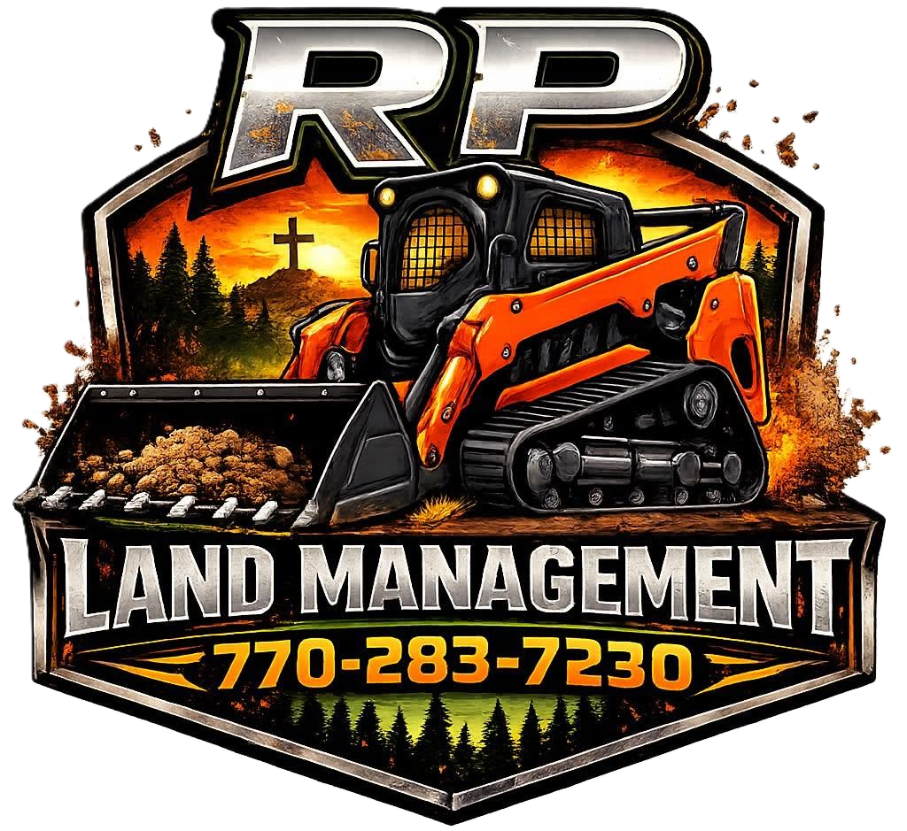 RP Land Management logo with orange excavator, black background, and phone number 770-283-7230