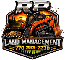 RP Land Management logo with orange excavator, black background, and phone number 770-283-7230