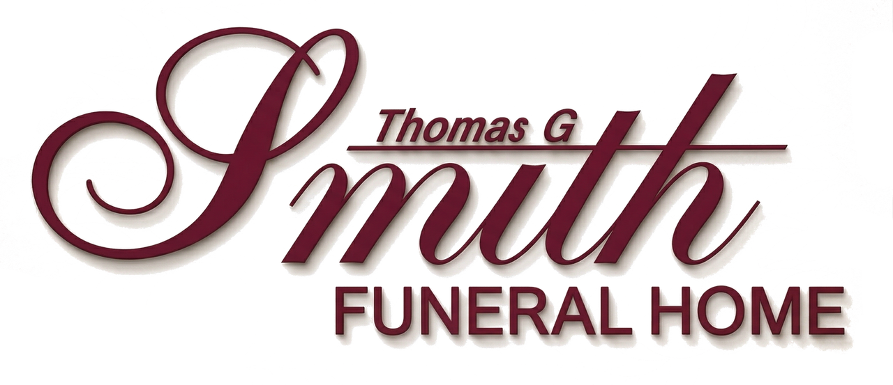 Logo for Thomas G. Smith Funeral Home, featuring the name in maroon cursive script with capitalized text below.