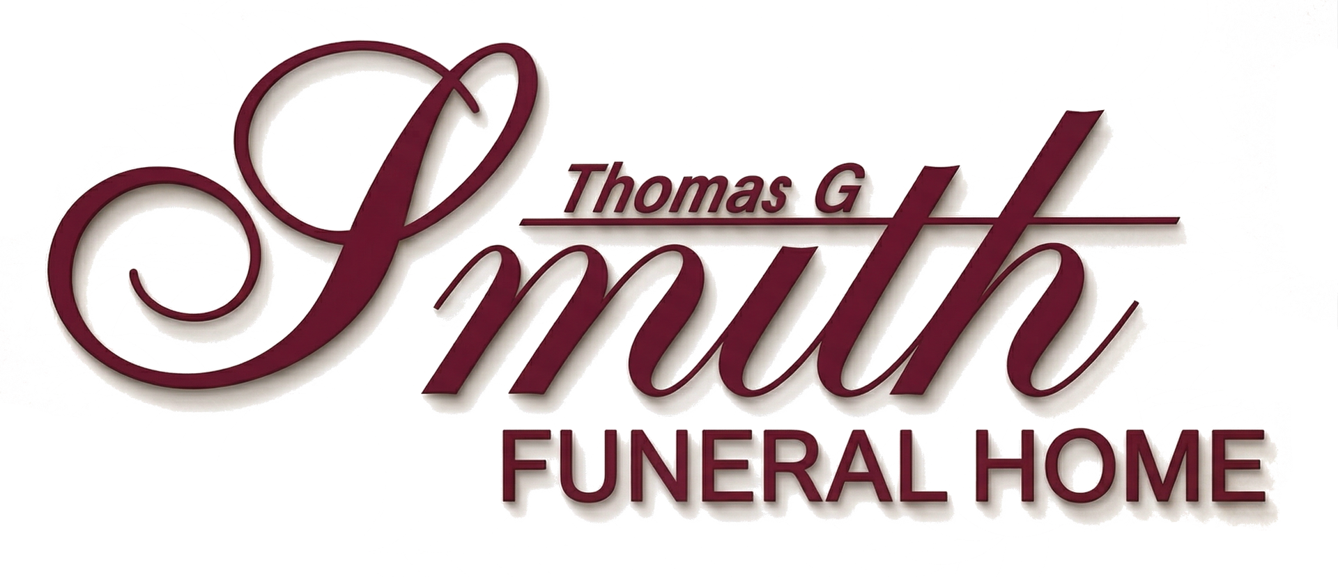 Logo for Thomas G. Smith Funeral Home, featuring the name in maroon cursive script with capitalized text below.