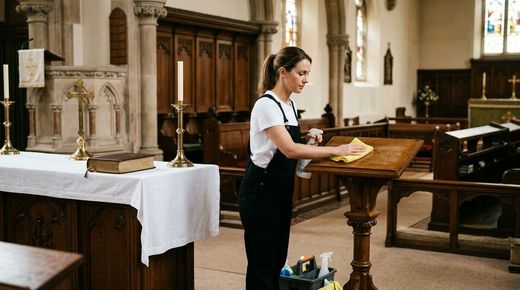Church cleaning staff disinfecting the altar, podium, and during professional religious facility janitorial service