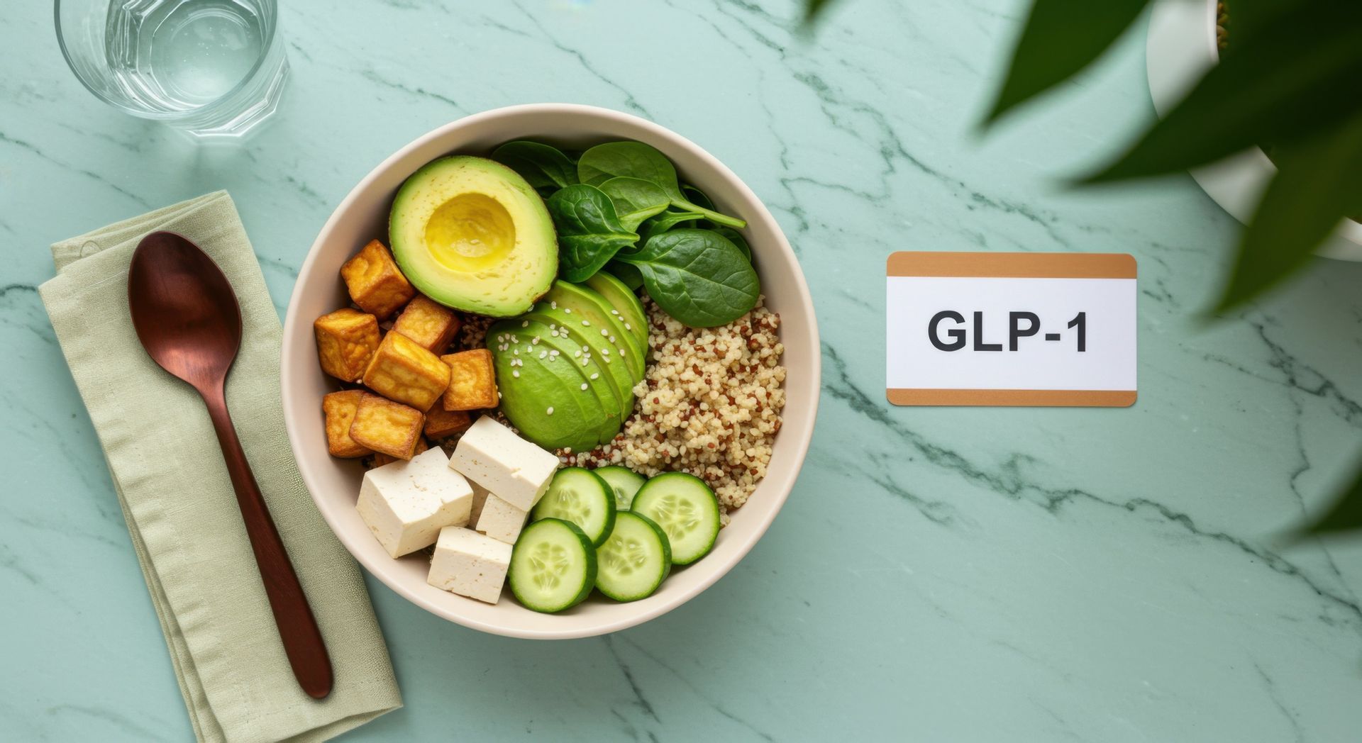 Healthy bowl with avocado, greens, cucumber, and grains on a mint table beside a GLP-1 card