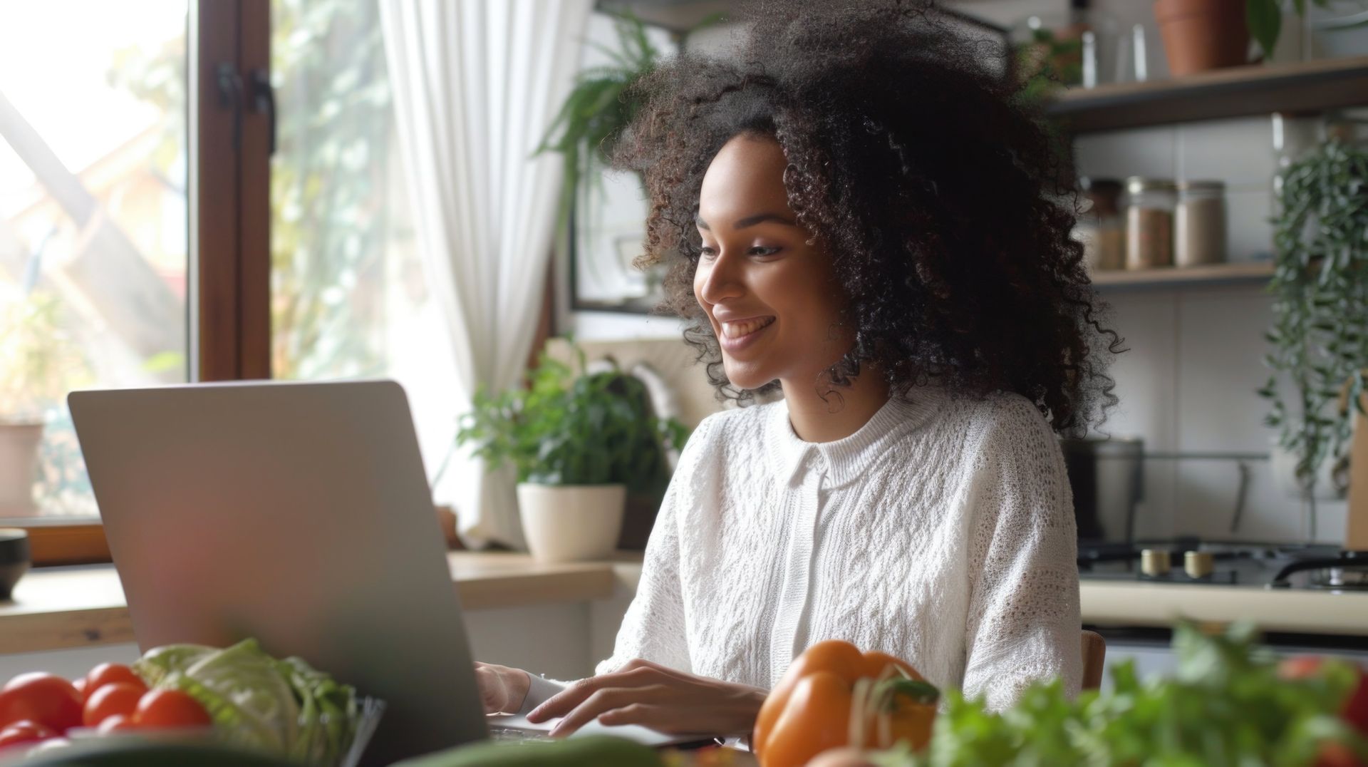 Person smiling and using a laptop at a kitchen table with vegetables and plants nearby