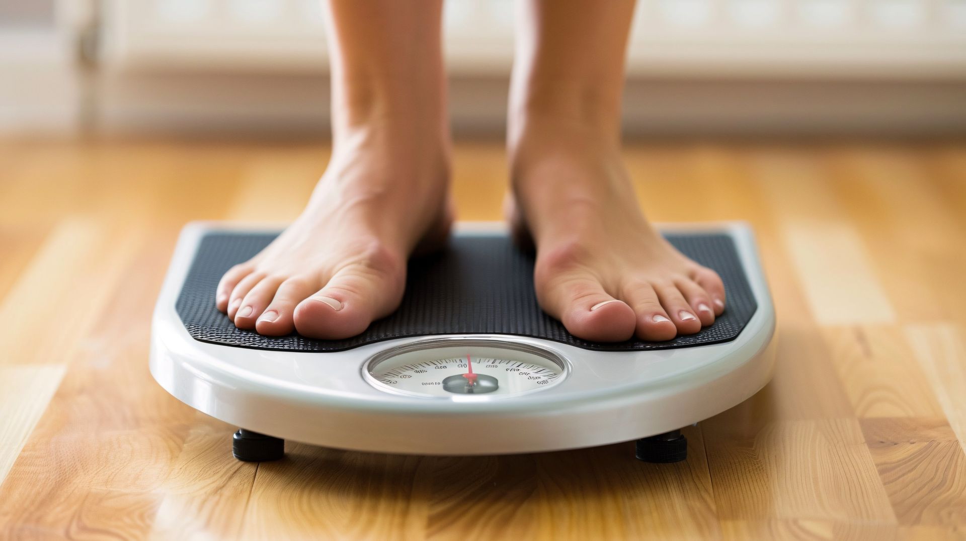 Feet standing on a white bathroom scale on a wooden floor.