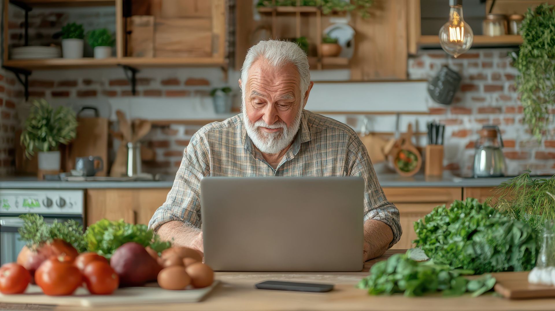 Elderly man using a laptop at a kitchen counter with fresh vegetables and tomatoes nearby