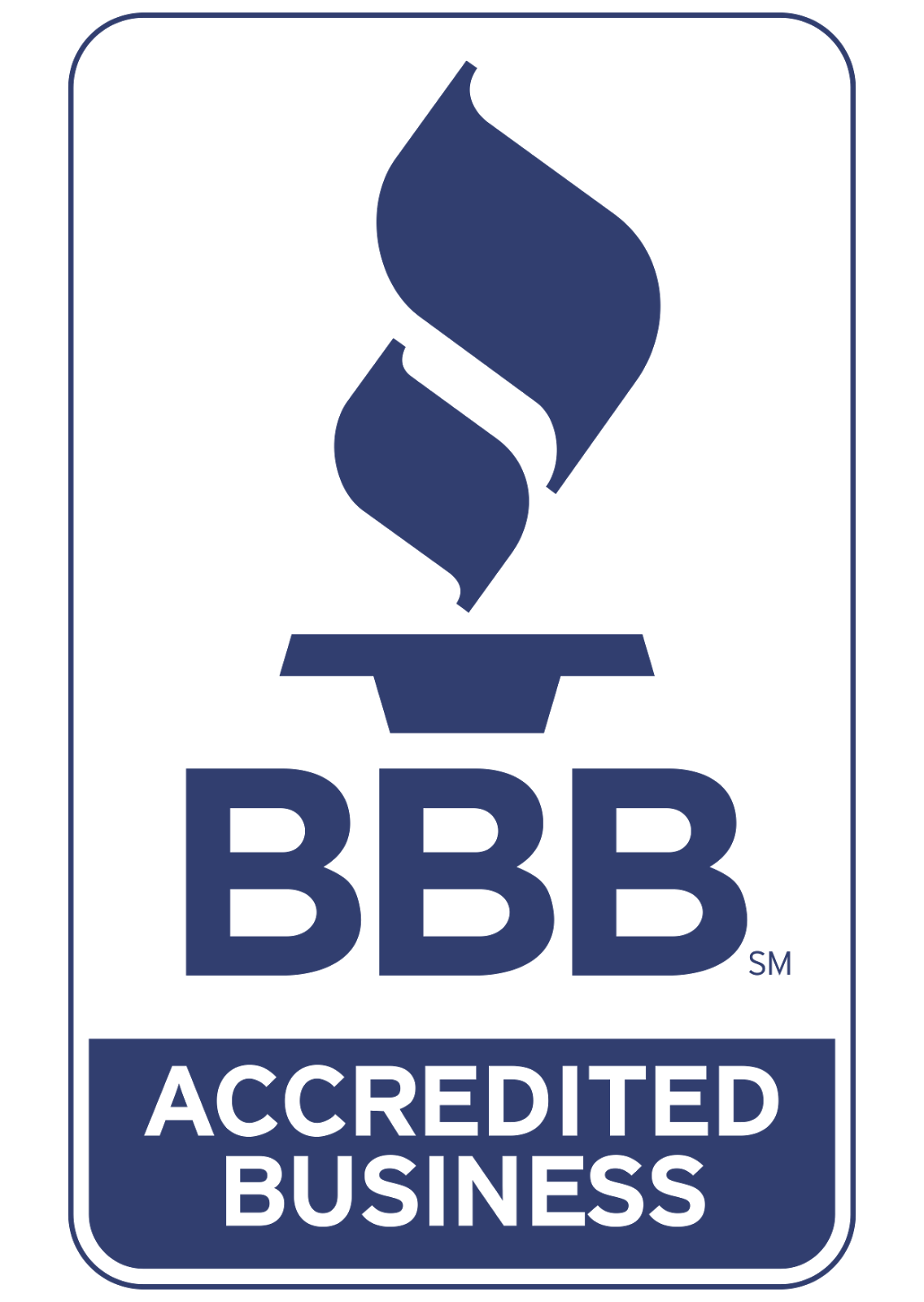 BBB Accredited Business logo with blue torch icon and text on white background
