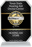Texas State Hearing Aid Device Center Best of BusinessRate 2025 award plaque in black and gold