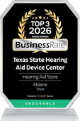 Black and gold award plaque for Texas State Hearing Aid Device Center, Top 3 2026 BusinessRate award
