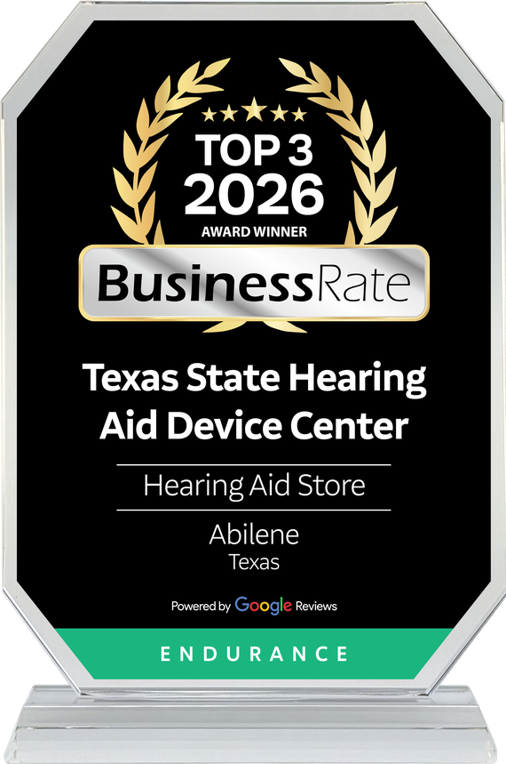 Black and gold award plaque for Texas State Hearing Aid Device Center, Top 3 2026 BusinessRate award