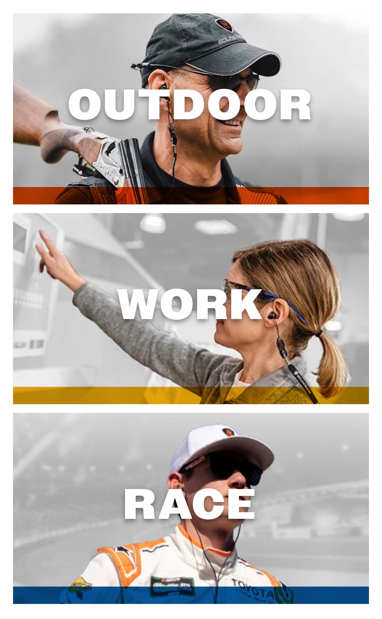 Three sports scenes labeled outdoor, work, and race with people in active settings